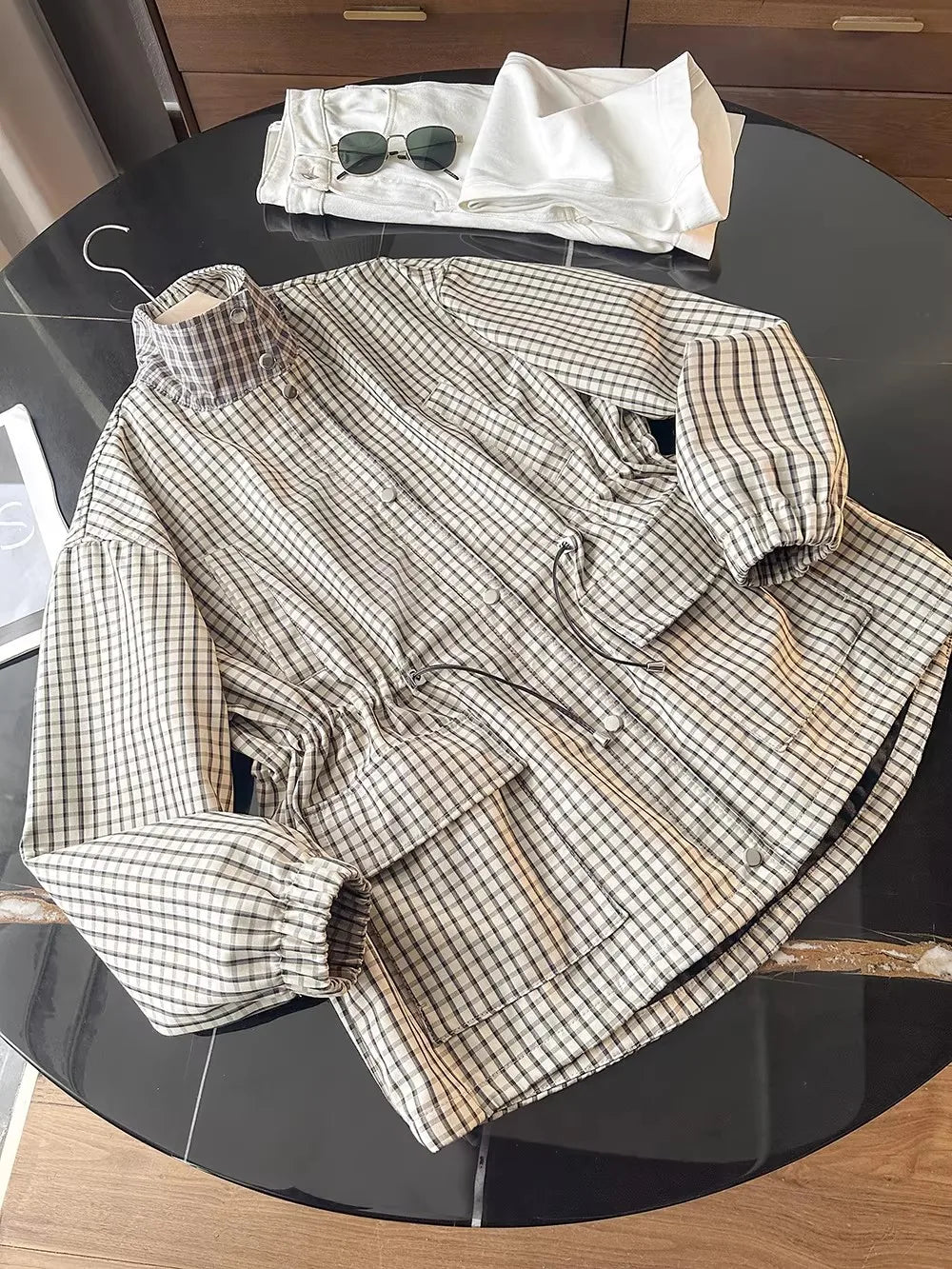 Womens Plaid Cinch Waist Best Windbreaker Jacket — vista frontale