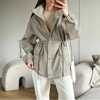 Womens Plaid Cinch Waist Best Windbreaker Jacket — vista posteriore