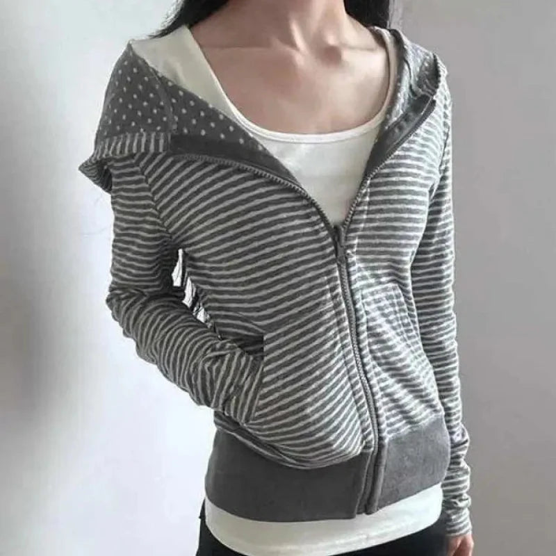 Womens Striped Grey Zip Up Hoodie — vista frontale
