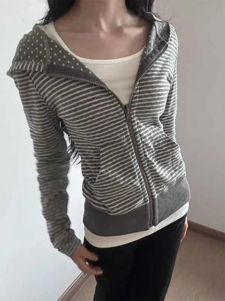 Womens Striped Grey Zip Up Hoodie — vista posteriore