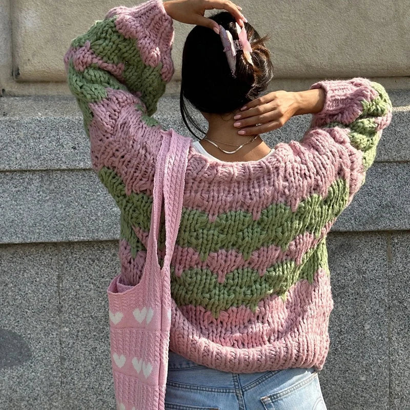 Womens Striped Lantern Sleeves Cardigan — vista posteriore
