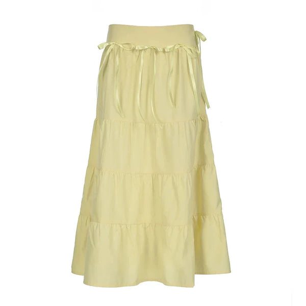 Yellow Bow Tiered Flowy Long Maxi Skirt — vista frontale