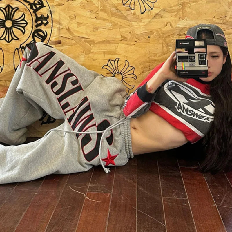 American Embroidered High Waist Sweatpant Joggers Trousers — vista posteriore