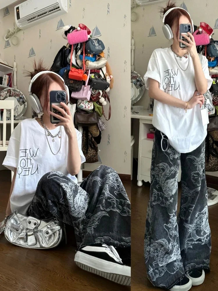 Baggy Dragon Print High Waist Jeans — dettaglio