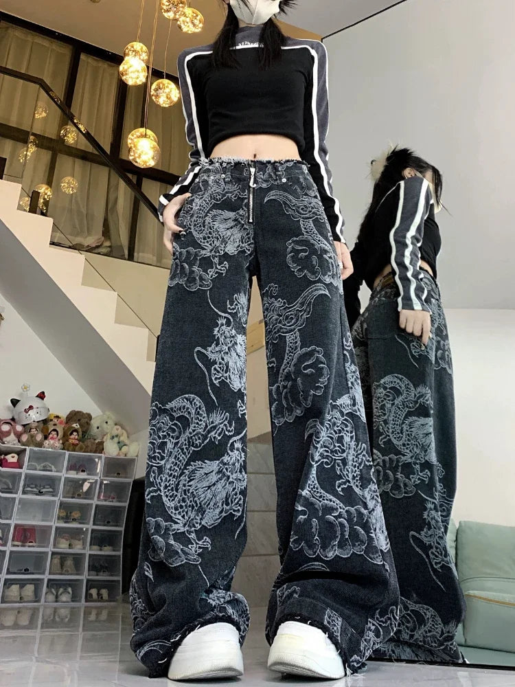 Baggy Dragon Print High Waist Jeans — vista laterale