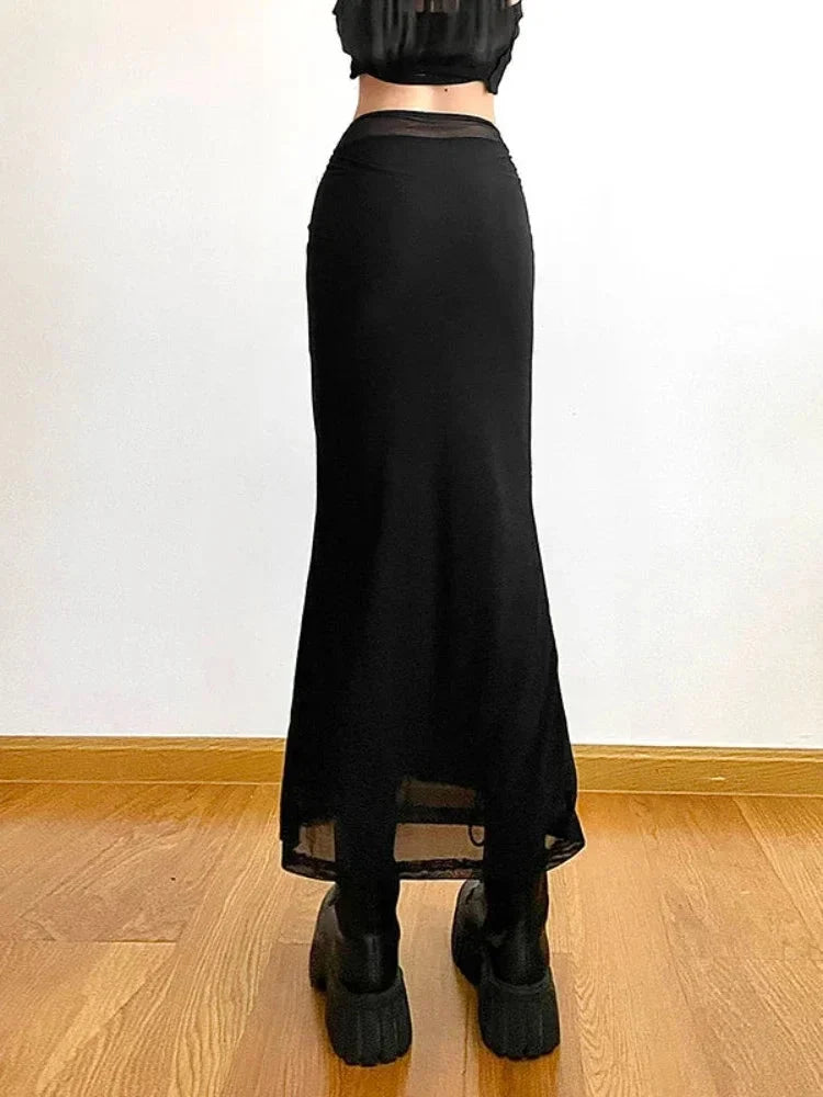 Slim Black Mesh Long Maxi Skirt — dettaglio