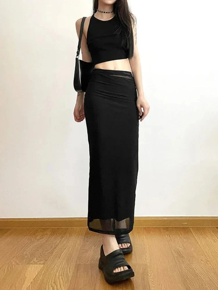 Slim Black Mesh Long Maxi Skirt — dettaglio della stampa