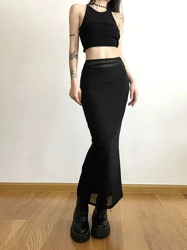 Slim Black Mesh Long Maxi Skirt — in alternativa