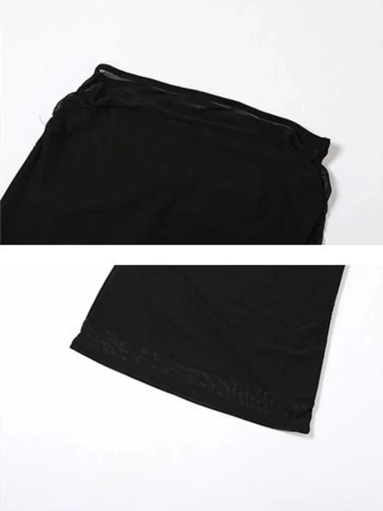Slim Black Mesh Long Maxi Skirt — vista laterale