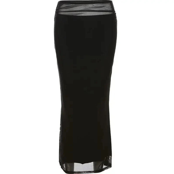 Slim Black Mesh Long Maxi Skirt — vista frontale